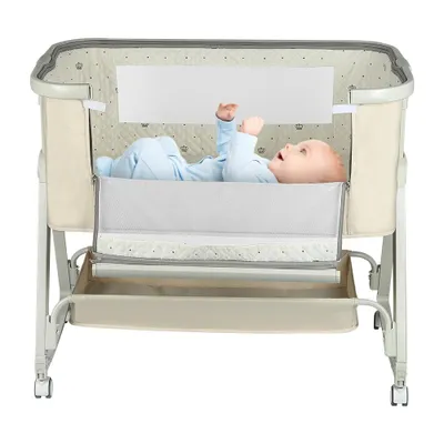Produktbild von Beistellbett Baby,3 in 1 Reisebett Babybett,6 Fach Einstellbare Höhen mit Matratze,Faltbares Co-Sleeper,Stubenwagen Beistellbett für 0-6 Monate Beige