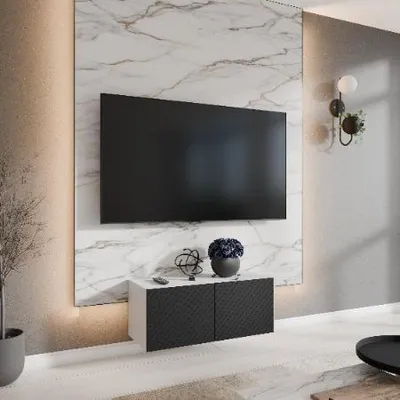 Obrázok produktu pre Margaret Hadas24 Kaja TV skrinka, Nízky TV stolík, 100 cm, Nástenná, Moderný dizajn, Obývačka, TV nábytok, Biela, Čierna