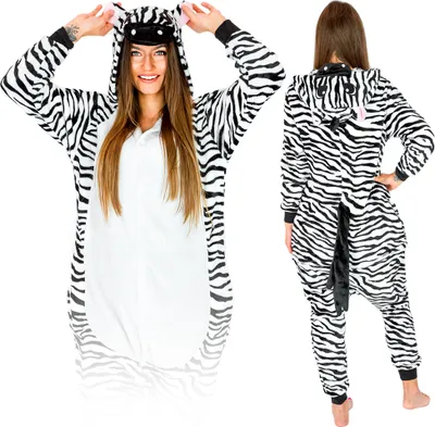 Produktbild von Jumpsuit Onesie für Damen und Herren - Sanft Kuschelig Uni Pyjama - Warme Schlafanzug - Karneval Kostüm - Karnevalskostüm- Größe 148-160 cm S - Zebra