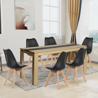 Zdjęcie produktu dla Stół jadalniany z 6 krzesłami. Komplet mebli do jadalni, składający się z 6 krzeseł i prostokątnego stołu o wymiarach 160 cm, idealny do salonu, kuchni lub biura. (Stół w kolorze dębowym z czarnymi nogami + 6 czarnych krzeseł)
