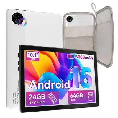 Obrázek produktu pro JENBIZZ Tablet, 10 palců, Android 16, 24 GB RAM, 64 GB ROM, HD rozlišení 1280x800, baterie 6000 mAh, WiFi 6, včetně pouzdra