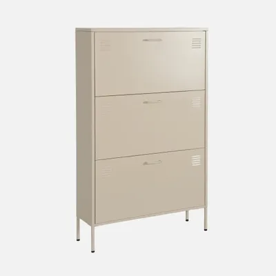 A three-drawer metal shoe cabinet with a cream finish, presented against a plain light gray background.