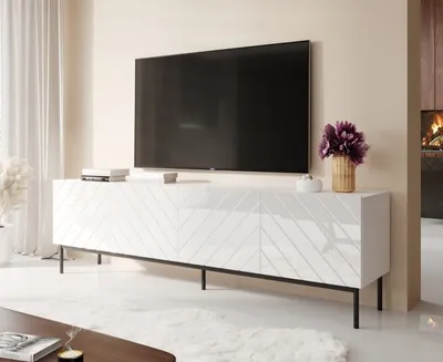 Produktbild von Szafka RTV ABETO na czarnym stelażu ze stali 200x42x60 biały/biały połysk