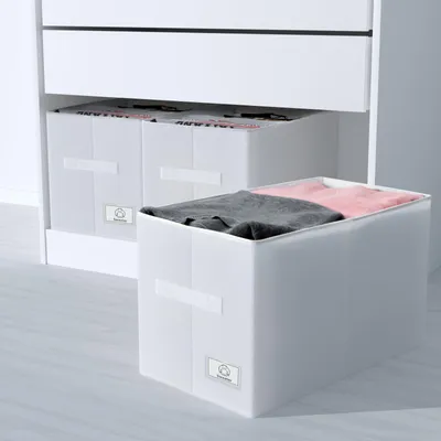 Produktbild von Set aus 3 großen Aufbewahrungsboxen, Kleiderschrank-Organizer passend für PAX-Kleiderschränke (100 x 58 cm) – faltbare Stoffboxen mit Sichtfenster – weiß –
