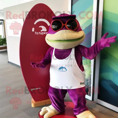 Produktbild von Magenta-Frosch REDBROKOLY Maskottchen kostüm bekleidet mit Boardshorts und Lesebrille