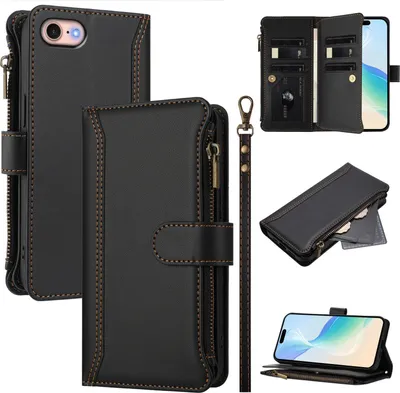 Obrázek produktu pro Pouzdro pro iPhone SE 2022/SE 2020/8/7/6, zipem, peněženkovéPolyuretankožené flip pouzdro s kapsami na karty, stojánkem a poutkem na ruku černý