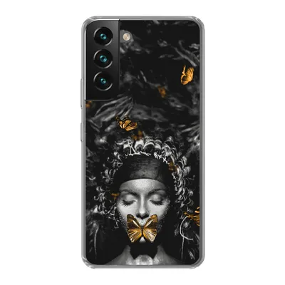 Produktbild von MuchoWow® Handyhülle Schutzhülle Hülle für Samsung Galaxy S22 Frau - Schmetterlinge - Schwarz - Weiß Silikon Softcase Handy Hülle - Mobiltelefonhülle