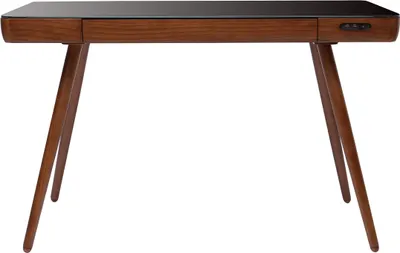 Produktbild von Miliboo - Vernetzter Multimedia-Schreibtisch mit schwarzem Glas- und dunklem Nussbaumholzschublade L120 cm CLEVER