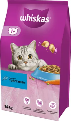 A bag of Whiskas cat food with tuna and vegetables.