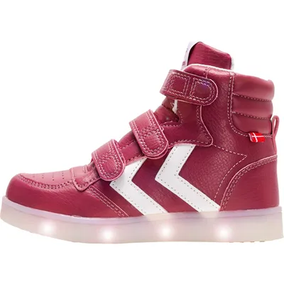 A side view of a single red high-top sneaker with white accents and illuminated soles.