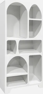 A white, modern, organic-shaped bookshelf with multiple compartments.