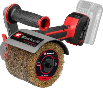 A cordless brush grinder with a wire brush attachment, shown against a white background.