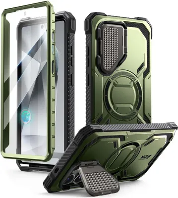 Multiple views of a rugged green phone case with a kickstand and screen protector.