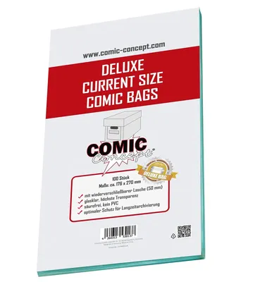 A product shot of comic book bags with descriptive text and branding.