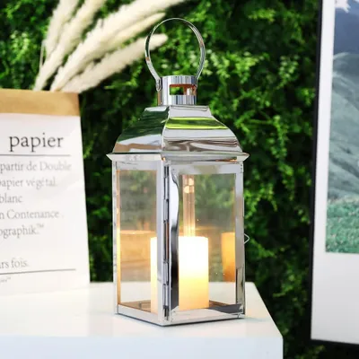 Productafbeelding van DESIGN Decoratieve Lantaarns, 31,8 cm Hoog, Rvs Kaarsenlantaarns met Gehard Glas, voor Evenementen Binnen en Buiten, Vintage Stijl, Hanglampen