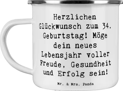 Produktbild von Mr. & Mrs. Panda Tasse Emaille Spruch 34. Geburtstag - Weiß - Geschenk, Happy Birthday, Pott, Ideen, Teetasse, Glück, Meilenstein, becher, Geburtstagsgeschenk, Haferl