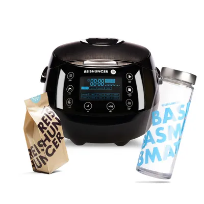 Produktbild von REISHUNGER Digitaler Reiskocher, schwarz inkl. Basmati Reisglas & Basmati 600g - 1,5 L bis zu 8 Portionen - Warmhaltefunktion, Timer & Premium Topf
