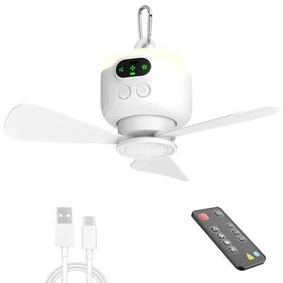 Produktbild von Tragbarer kabelloser USB-Hängelüfter,8000 mAh, mit Fernbedienung, 3 Windstufen, abnehmbare Flügel,sanftes Nachtlicht,ideal für Camping, Zelt & Outdoor