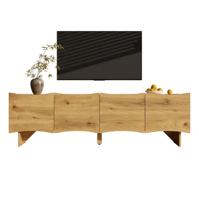 Produktbild von Moderner TV-Schrank mit Wellenmuster,155 cm Medienkonsole mit Stauraum,vier Türen und Kabeldurchführungen in Holzoptik,stilvolles Design