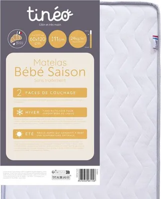 Image de Matelas Bébé TINEO 60 x 120 cm, Épaisseur 11 cm, Double Face Saison, Anti-acariens