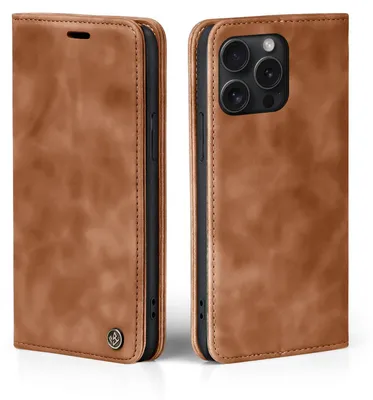 A brown leather flip case for an iPhone is shown from two angles.