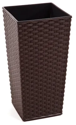 A square, dark brown woven-textured planter pot with a black interior, shown against a white background.