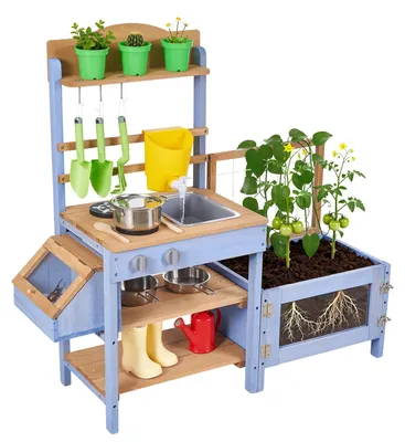 Produktbild von VEVOR Matschküche, Outdoor-Matschküche für Kinder, Holzspielküchen für den Außenbereich mit Löffeln, Spüle, Sonnenschutz, drehbaren Rädern, Kochgeschirr und Zubehör, Holzspielküchen für Zuhause, Rasen, 23 Zoll, Kein Aufbewahrungsschrank-a