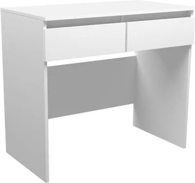 A white desk with two drawers against a white background.