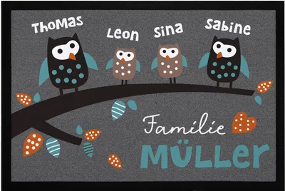 Produktbild von Fußmatte Familie Wunschname Eulen mit Namen personalisierbar rutschfest & waschbar SpecialMe® weiß 60x40cm