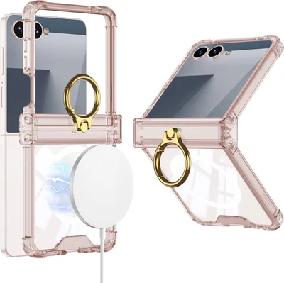 Produktbild von Hülle für Samsung Galaxy Z Flip 7 Scharnierschutz Transparente Stoßfest Schutzhülle mit Displayschutz und Ring, Kompatibel mit Magsafe Pink