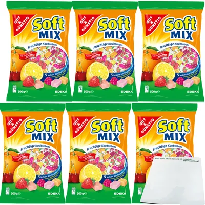 Produktbild von Gut & Günstig Softmix fruchtige Kaubonbons in 5 leckeren Sorten 6er Pack (6x500g Packung) + usy Block