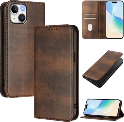 Produktbild von Handyhülle für iPhone 15, Vintage Leder RFID Schutz Kartenfach Standfunktion Magnetische Klapphülle Braun
