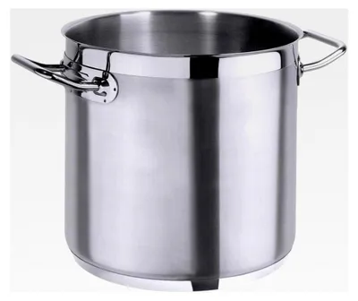 Produktbild von Kochtopf aus Edelstahl 24 cm, seidenmatt gebürstet mit hochglänzendem Schüttrand, Sandwichboden, induktionsgeeignet, Kaltgriffe, schwere Ausführung