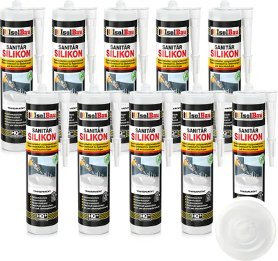 Produktbild von Isolbau Sanitär Silikon 10 x 300 ml Transparent - Hochelastischer Silikon-Dichtstoff für Abdichtungen & Fugen – Schimmelresistent, wasserdicht -  Kartusche