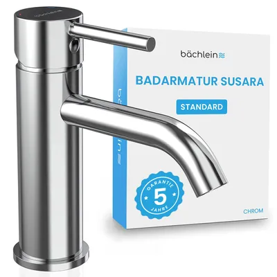 Produktbild von Bächlein Badarmatur Susara mit gebogenem Auslauf, Design Einhebelmischer mit langlebiger Keramikkartusche und Montage-Set, Bad Wasserhahn Chrom