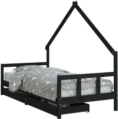 Image de Cadre de lit enfant avec tiroirs noir 90x200 cm bois pin massif