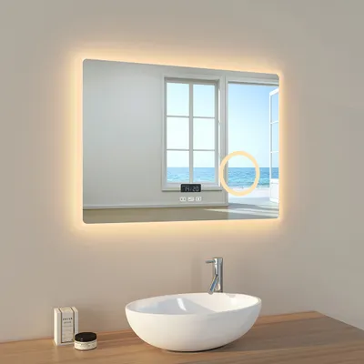 Produktbild von Kúpeľňové zrkadlo EMKE LED nástenné zrkadlo 80x60cm s dotykovým spínačom zväčšenie make-up zrkadlo 3 farby svetla a bez zahmlievania Bluetooth