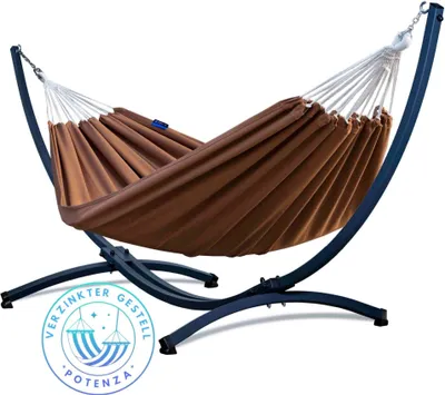 Produktbild von Potenza Outdoor Hängematte mit Verzinkter Gestell für 2 Personen I Baumwolle Doppelhängematte XXL 220x160, 200kg I Hängemattengestell 220kg, wetterfest