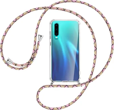 Produktbild von Handykette Backcover-Schutzhülle mit Band (Metall silberfarben) für Huawei P30 - rosa Karo