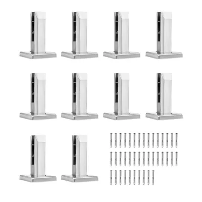 A set of stainless steel glass railing brackets and screws arranged on a white background.