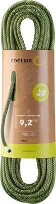 Produktfoto des Hummingbird Eco Dry 9;2mm Kletterseils von Edelrid; grün mit brauner Verpackung.