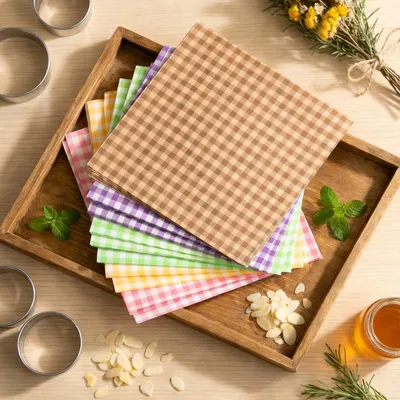 Produktbild von Backpapier-Zuschnitte - Antihaftbeschichtet und umweltfreundlich - Für Burger, Pommes, Sandwich und Käse - 100 Blatt, 18x18 cm