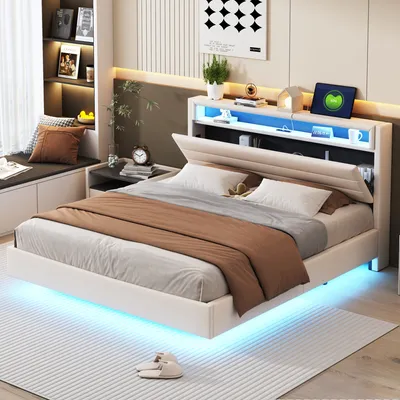 Produktbild von Łóżko tapicerowane Flieks 160x200cm z USB, łóżko młodzieżowe podwójne z LED, łóżko do przechowywania łóżko drewniane funkcjonalne łóżko z zagłówkiem do przechowywania, pościel, beżowe