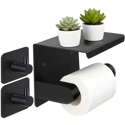 Produktbild von Selbstklebender Toilettenpapierhalter mit Ablage, Edelstahl, zur Wandmontage, mit 2 Klebehaken, schwarz, ohne Bohren.