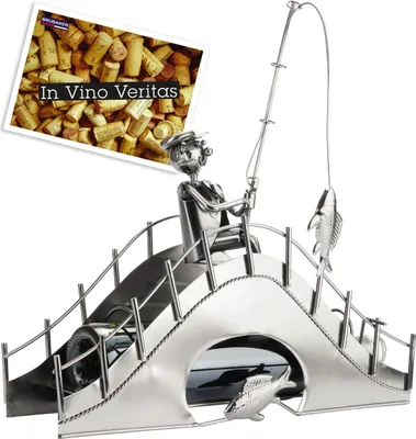 Image de BRUBAKER Porte-bouteilles Pêcheur sur un pont - Sculpture métallique Porte-bouteilles de vin - Cadeau avec carte cadeau