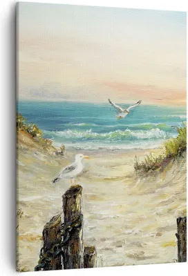 Produktbild von Bild auf Leinwand - Leinwandbild - Einteilig - Impressionismus Möwen Küste - 50x70cm - Wand Bild - Wanddeko - Wandbilder - Leinwanddruck - Wanddekoration - Leinwand bilder - Wandbild - PA50x70-4602