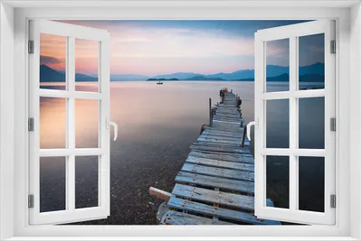 Produktbild von Wallario selbstklebendes Poster mit Fenster-Illusion - Steg am See- Idylle bei Sonnenuntergang, Größe: 61 x 91,50 cm