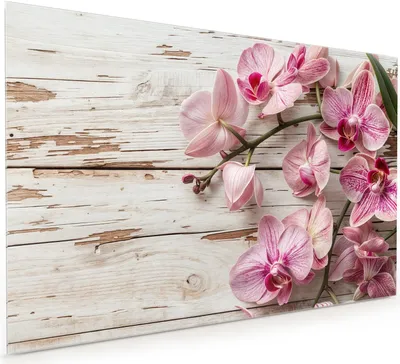 Produktbild von Küchenrückwand Spritzschutz Glas mit Motiv Orchideen auf Holz 40 x 40 cm