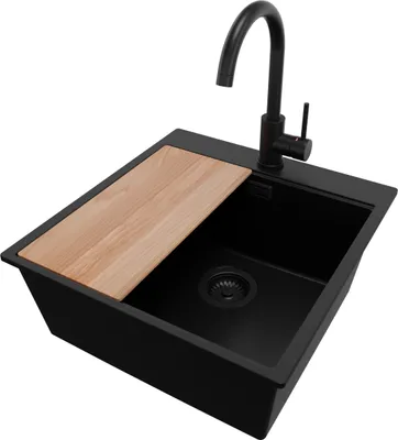 Produktbild von PRIMAGRAN Granitspüle Alles Schwarz 48x50cm, Spülbecken 1 Becken + Küchenarmatur 32x20cm + Ablauf-Set + Schneidebrett, Küchenspüle ab 50er Unterschrank - Oslo