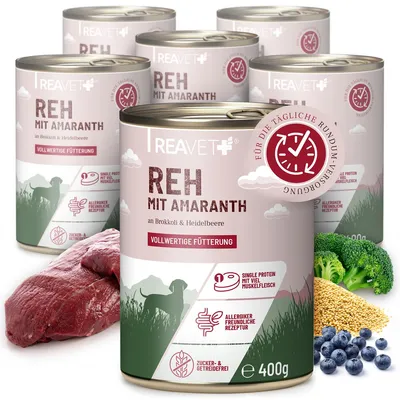 Produktbild von REAVET Hundenassfutter – Reh mit Amaranth an Brokkoli & Heidelbeere 6 x 400g mit hohem Fleischanteil & viel Muskelfleisch | Getreidefrei & ohne Zucker